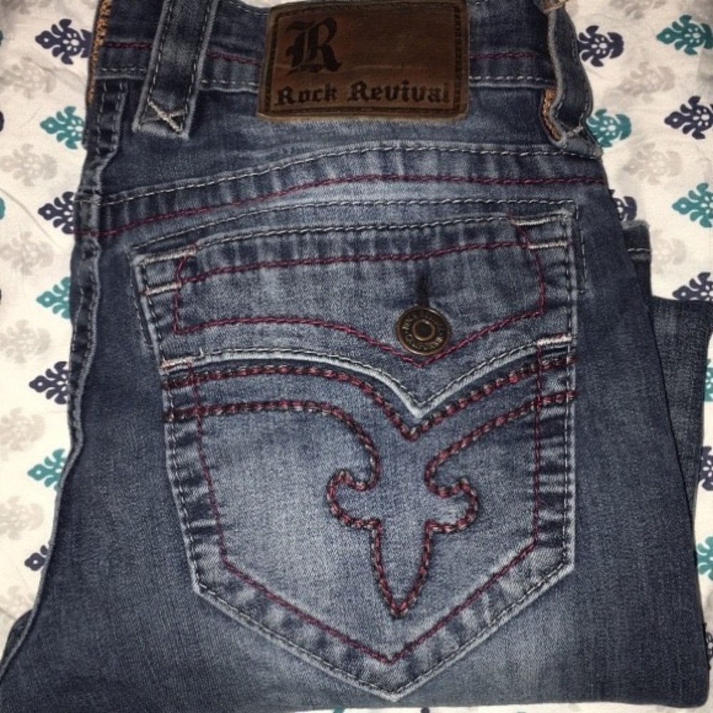 Burgundy rock revival blue jeans